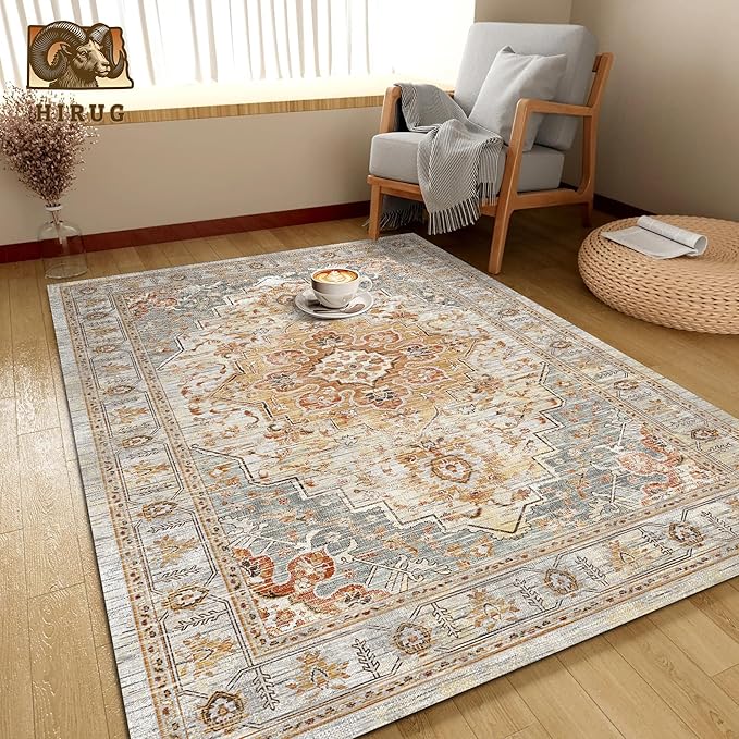 Washable Area Rug 6' x 9' Vintage Traditional Persian Mat - Foldable Distressed Non-Slip Machine Washable Carpet for Living Room Bedroom Kitchen Home Decor - Dove Gray and Coral