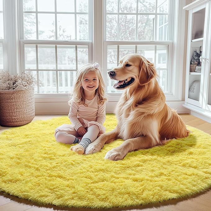 ONASAR Yellow Round Rugs 5ft for Bedroom Living Room, Fluffy Circle Area Rug for Kids Girls Boys Teen, Soft Plush Shaggy Carpet for Nursery Dorm Classroom Playroom Home Decor Aesthetic