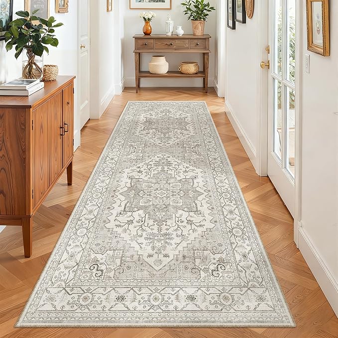 Madane Hallway Runner 3x8, Kitchen Rugs Washable Entryway Rug 8ft Vintage Kitchen Runners Non Slip Indoor Area Rug Farmhouse Carpet Runner for Bathroom Living Room Bedroom (3 X 8, Beige/Brown)