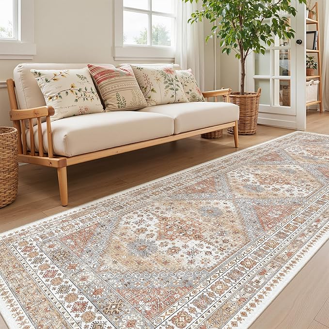 4x12 Runner Rug for Hallway, Low-Pile Wide Runner for Entryway, Long Washable Non-Slip Kitchen Rug, Soft Vintage Home Decor Mat for Living, Laundry Room(Orange,4'x12')