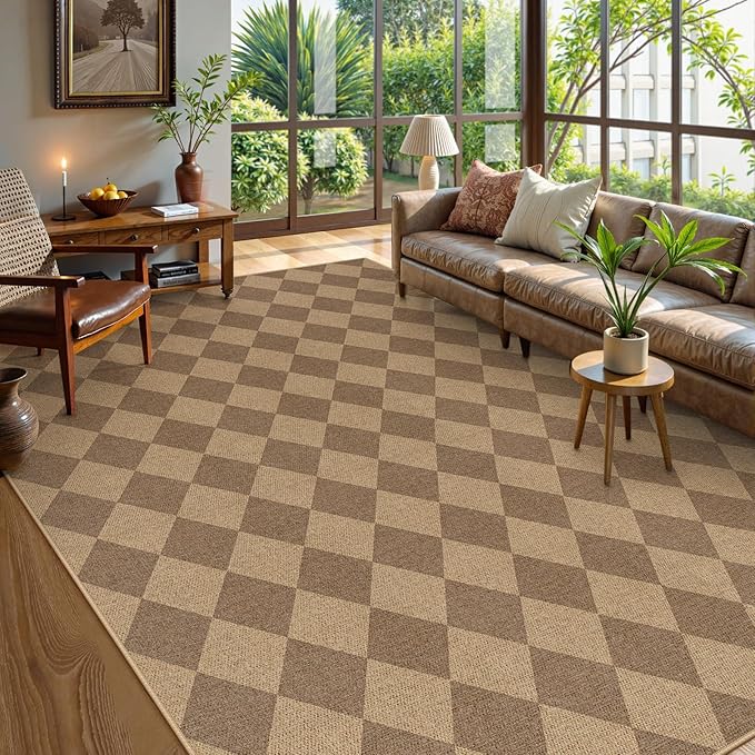 Lahome Colette Checkered Easy Jute Rug, 9x12 Washable Dining Room Rug Indoor Outdoor Carpet, Farmhouse Neutral Non Slip Non Shedding Stain Resistance Floor Carpet for Patio Living Room Office