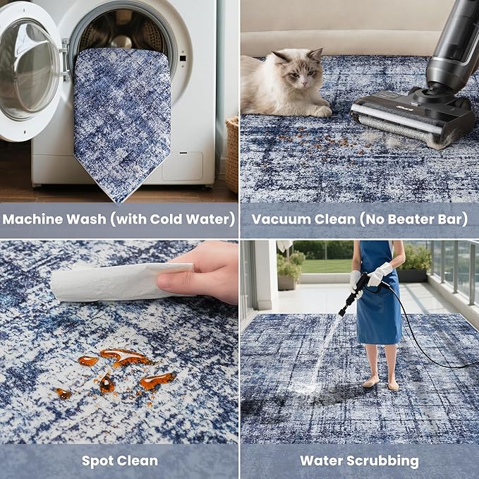 6x9 Area Rugs for Living Room Washable Rug: Anti-Skid Abstract Modern Living Room Rug Soft Thin Carpets Indoor Floor Non-Shedding Carpet for Bedroom Dining Farmhouse Nursery Navy Light Gray