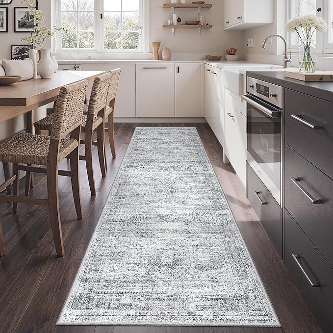 Kitchen Runner Rug Non Slip - 2.5 x 8 Runners for Hallways, Entryway, Bedroom, Washable Runner Rugs for Bathroom, Laundry Room, Low Pile Soft Vintage Area Rug(2.5'x8', Grey/Ivory)