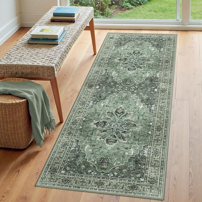RELEANY Area Rugs 3'x8' Runner Rug Non Slip Washable for Kitchen Hallway Bedroom Beside Laundry Room Bathroom Rug, Floor Carpet, Dark Green Gray