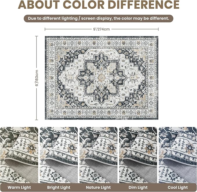 zesthome Washable Rug 6x9 Area Rugs,Stain Resistant Rugs for Living Room,Bedroom,Non-Slip Backing Home Decor Rug, Vintage Medallion Pattern Rugs (Black,6'x9')