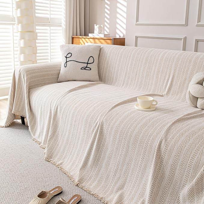 Boho Chenille Couch Cover for Dogs, Non Slip Sofa Cover, Couch Slipcover Covers for 3 Cushion, Furniture Protector with Tassels for Pets Washable, 71"x118", Fishbone Beige
