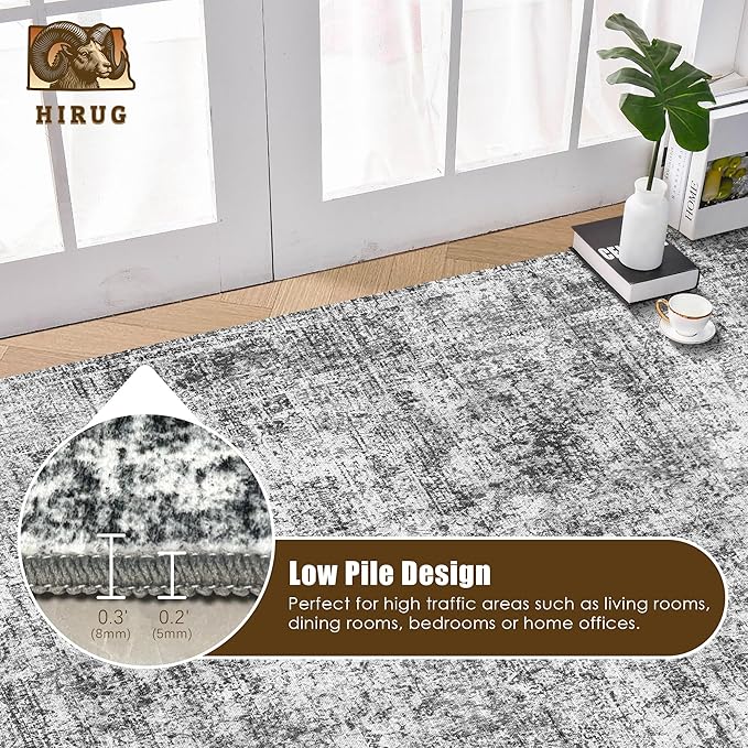 Washable Area Rug 6' x 9' Vintage Traditional Persian Mat - Foldable Distressed Non-Slip Machine Washable Carpet for Living Room Bedroom Kitchen Home Decor - Graphite and Mist