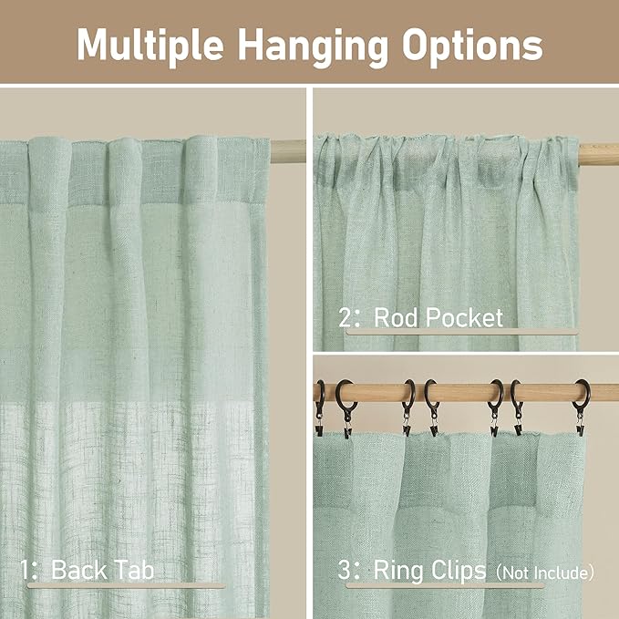 LAMIT Light Sage Linen Sheer Curtains for Bedroom, Faux Linen Textured Light Filtering Drapes Back Tab and Rod Pocket Boho Burlap Panels for Farmhouse/Living Room, 2 Panels, 52 x 84 Inch