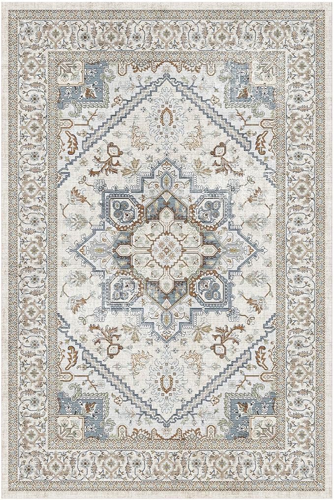 OPPODREAM Soft Area Rugs 4x6, Low-Pile Washable Rugs 4x6 with Non Slip Backing, Faux Cashmere 4 x 6 Throw Carpet, Greenish Grey