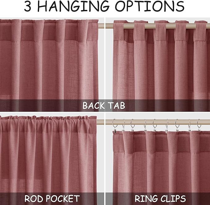 Nanspring Canyon Rose Linen Curtains 90 Inch Long 2 Panels Set for Bedroom Living Room Dusty Rose Linen Textured Window Drapes Semi Sheer Light Filtering Rod Pocket Back Tab Farmhouse Curtain 52x90