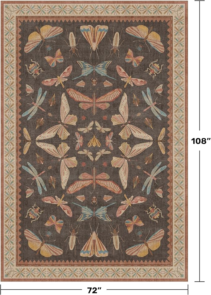Dining Room Rugs for Under Table 6x9 - Washable Soft Rugs for Bedroom Aesthetic, Low Pile Stain Resistant Living Room Carpet, Vintage Insect Home Décor (Brown)