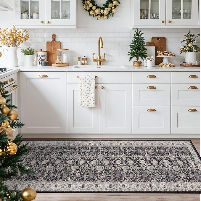 Hallway 2x8 Washable Runner Rug: Oriental Stain Resistant Kitchen Entryway Rugs Farmhouse Ultra Soft Bathroom Bedroom Print Floor Mat Thin Non Slip Indoor Carpet for Living Room Laudry(2x8,Black)