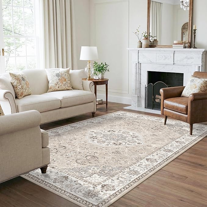 Washable 5x8 Living Room Area Rug: Vintage Water-Resistant Soft Rug for Bedroom Dining Room Non Slip Apartment Low Pile Carpet Thin Floor Mat for Dorm Home Office Printed Beside Rug(5x8，Beige)