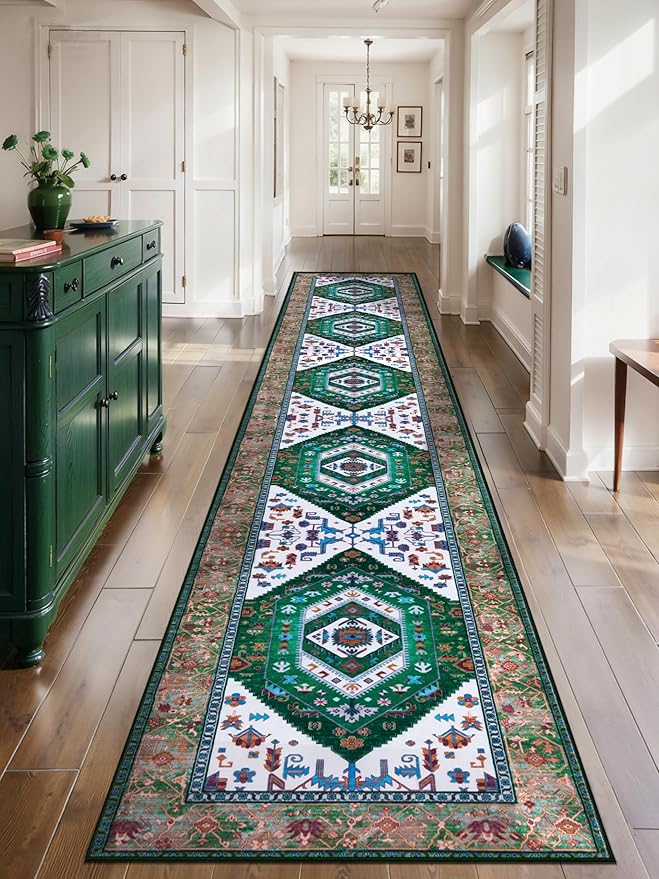 SERISSA Runner Rug for Hallways, 2'6"x14' Washable Non Slip Kitchen Runner Rug, Extra Long Boho Rug Ultra Soft Vintage Green White Print Floor Carpet for Bedroom Hallway Entryway Bathroom Laundry Room