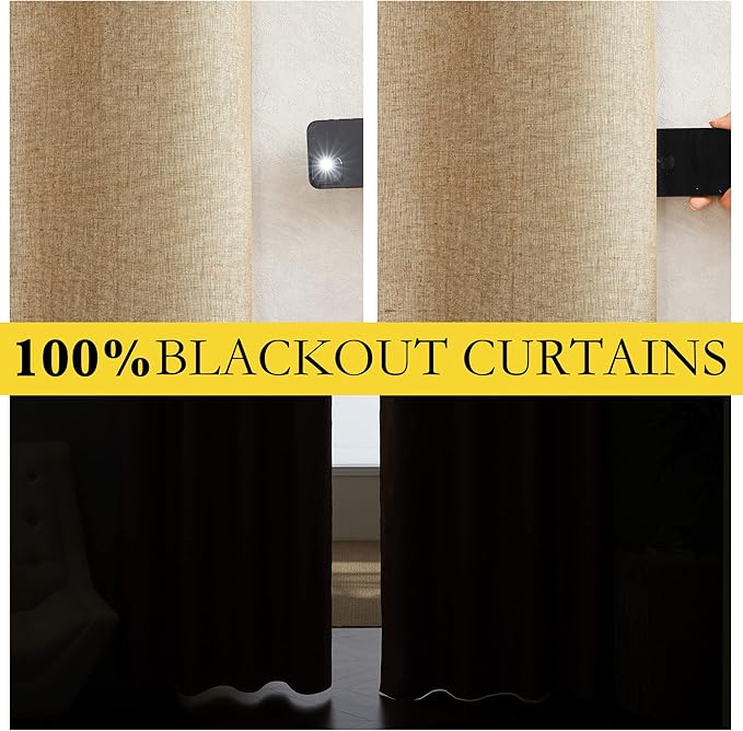 NICETOWN 100% Absolutely Blackout Linen Curtains with Thermal Insulated White Liner, Camel, 52" Wide by 45" Long, 2 Pieces, Linen Blend Window Drapes Privacy Window Treatments for Bedroom/Kids Room