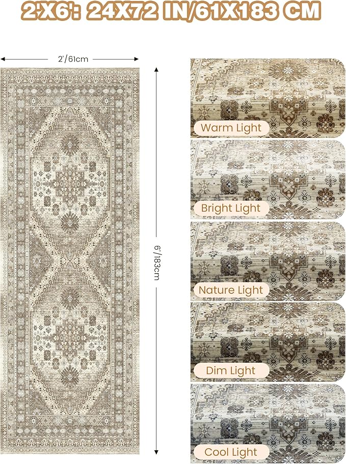 Runner Rug 2x6, Ultra-Thin Entryway Rug Non Slip Washable Rugs for Laundry Room, Runners for Hallways, Vintage Soft Rugs for Living Room, Kitchen, Bedroom(Brown,2'x6')