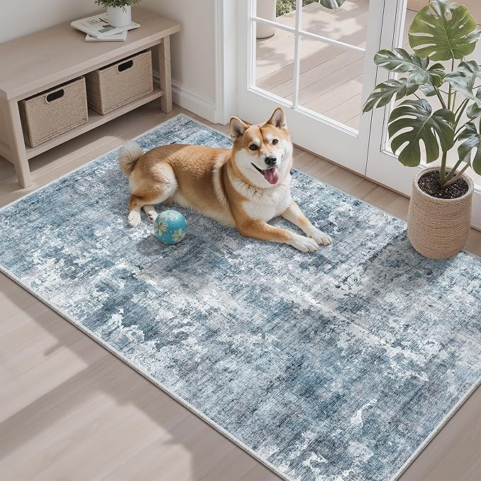 3x4 Rug, Small Area Rug for Kitchen, Entryway, Machine Washable Non-Slip Throw Rug, Vintage Carpet for Nursery Coffee Table Blue/Grey