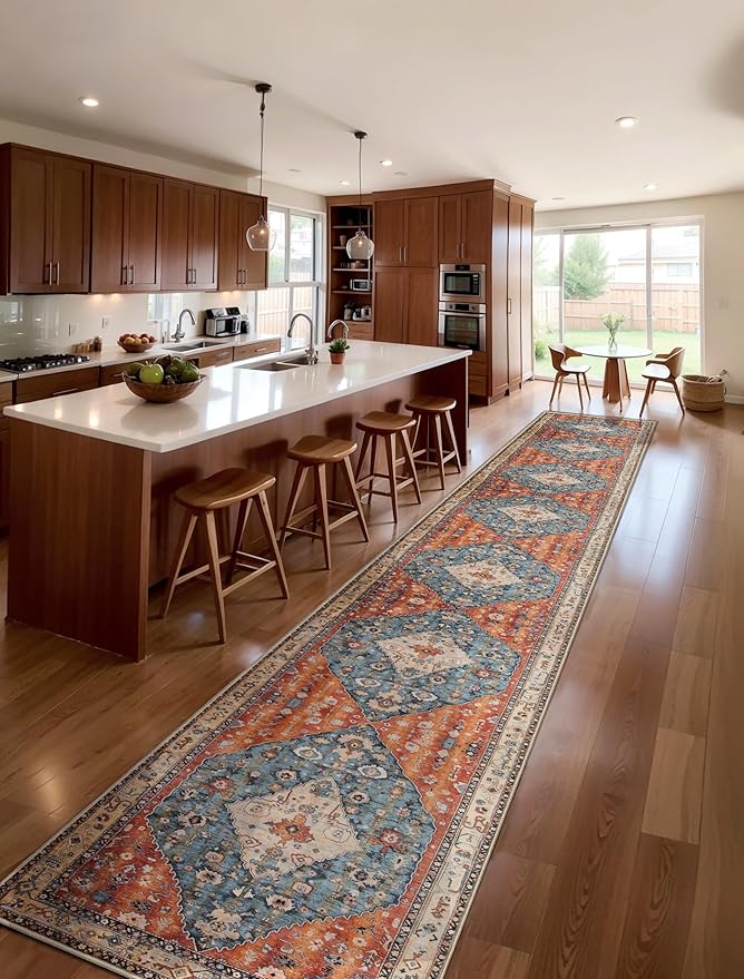SERISSA Runner Rug for Hallways, 2'6"x18' Washable Non Slip Kitchen Runner Rug, Extra Long Boho Rug Ultra Soft Vintage Tribal Print Floor Carpet for Hallway Living Room Dining Room Bedroom