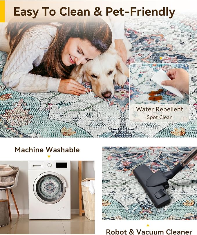 RELEANY Area Rugs 7ft Washable Non-Slip, Floral Vintage Distress Print Pattern Medallion Carpet for Living Room Bedroom Dining Room, Green Navy Blue White Red Teal Colorful