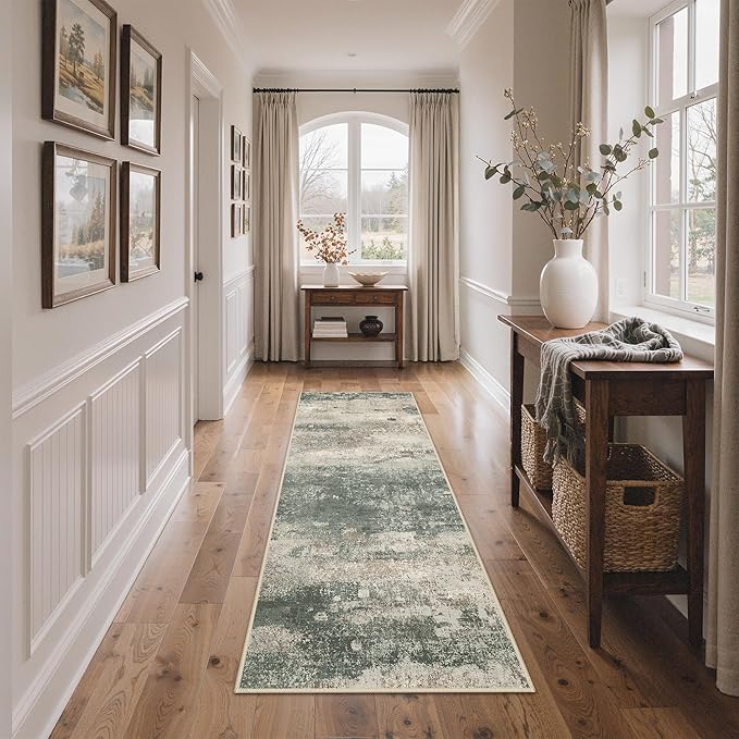 BEIMO Runner Rug for Hallway Kitchen, 2'x6' Machine Washable Runners Rug for Entryway, Soft Modern Abstract Throw Rugs, Low Pile Floor Cover with Non Slip Backing, Grey/Dark Green