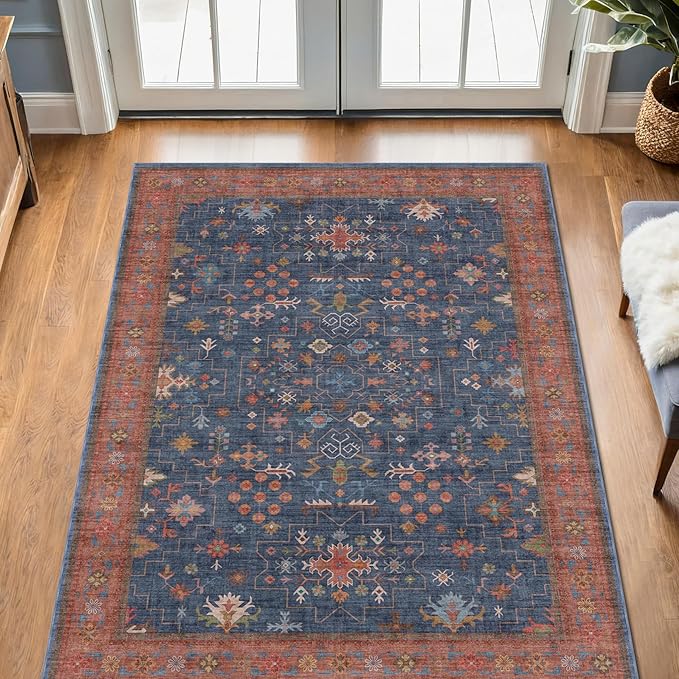 Washable Kitchen Rugs, 3x4 Area Rug for Large Entryway Indoor, Kitchen Mat, Small Rug for Living Room - Stain Resistant Non Skid Non Slip Rubber Backing, Boho Aethestic Décor (3x4 Navy Blue)