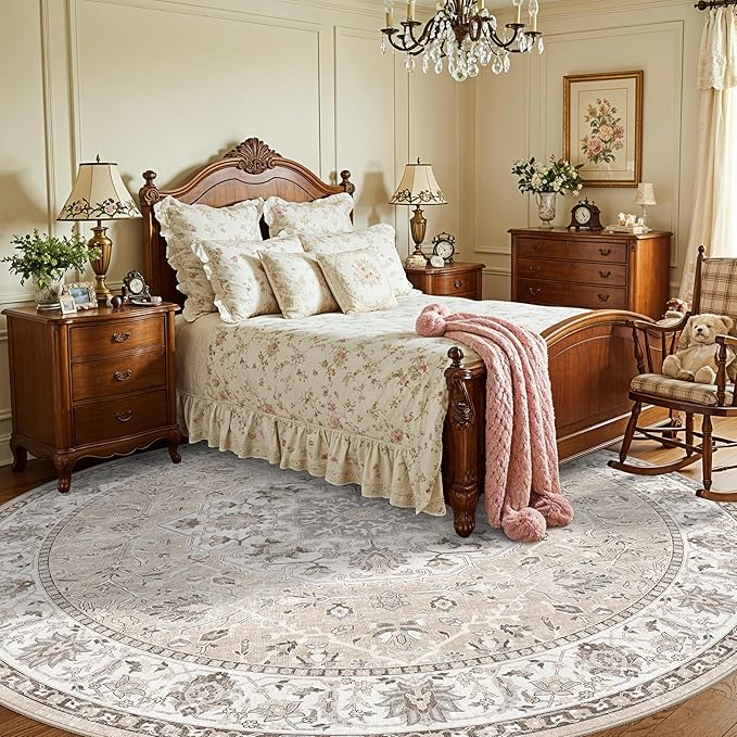 Washable 6ft Circle Round Rug: 6x6 Low-Pile Circular Rug for Living Room Bedroom Cute Office Nursery Area Rug with TPR Rubber Backing Soft Stain-Resistant Carpet Bathroom Entryway Dorm(6Round，Beige)