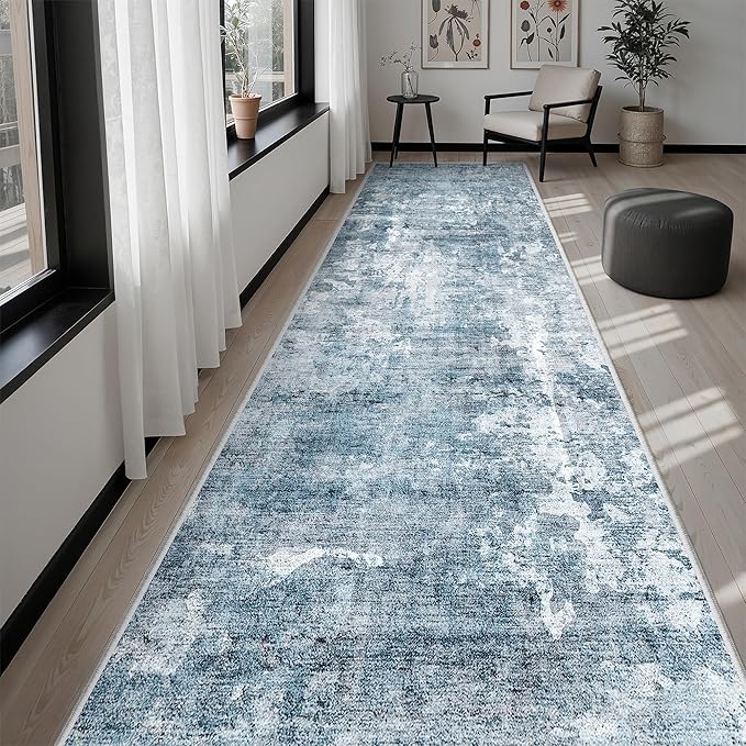 Runner Rug 3x10 Washable Non-Slip Hallway Runner Rugs for Kitchen Bathroom Laundry Room Blue/Grey Vintage Floor Carpet Runners for Hallways Entryway