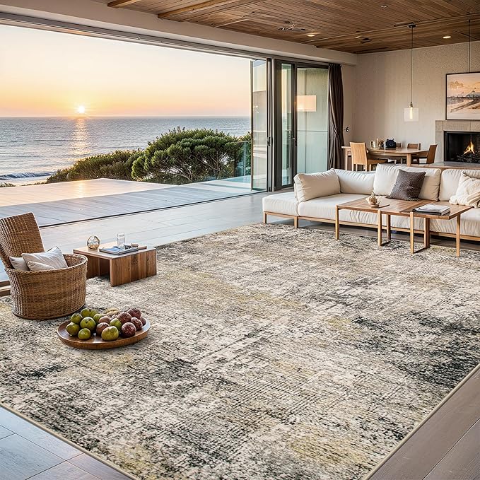 Area Rugs Living Room Rug - 4x6 Washable Modern Abstract Soft Neutral Non-Slip Carpet Large Indoor Floor Thin Carpets for Bedroom Dining Room Farmhouse Nursery Home Office Brown Black Grey