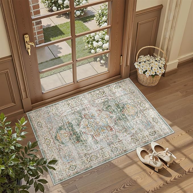Madane Washable Area Rug 2x3, Small Entryway Rug Non-Slip Vintage Door Mat Indoor Entrance, Low Pile Floor Carpet for Inside Front Door Bedroom Kitchen Entry Laundry (2'x3', Green)