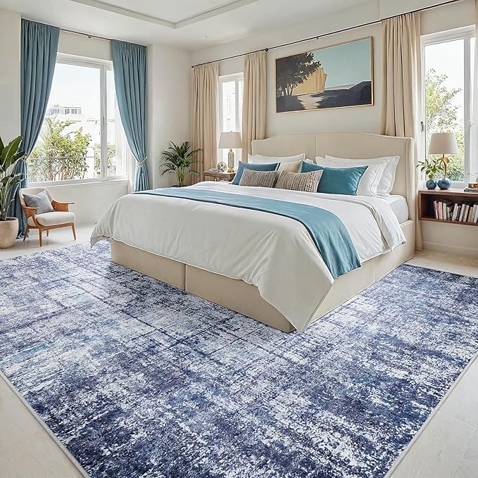 9x12 Area Rugs for Living Room Washable Rug: Anti-Skid Abstract Modern Living Room Rug Soft Thin Carpets Indoor Floor Non-Shedding Carpet for Bedroom Dining Farmhouse Nursery Navy Light Gray