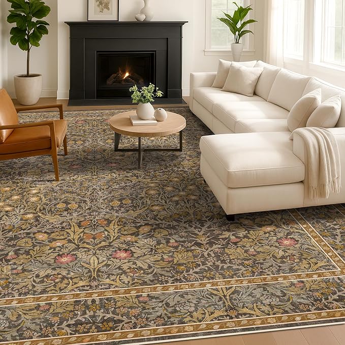 Hazo Haus Washable Living Room Rug 10x12 - Brown Oriental Area Rug for Dining Room Under Table, Low Pile Non-Slip Floor Decor for Bedroom Under Bed - Vintage Earthy Design & Stain Resistance
