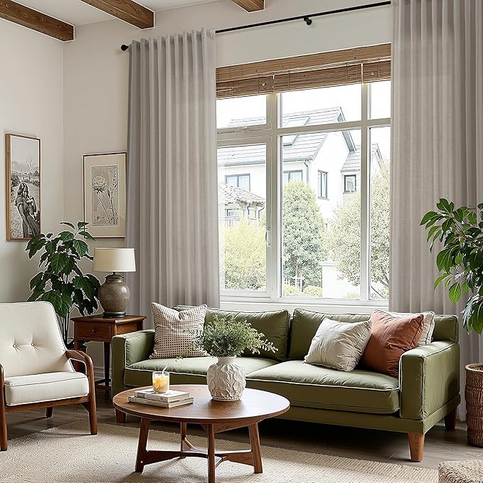 Nanspring 108 Inch Long Curtains for Living Room Grey Beige Linen Simple Modern Light Filtering Semi Sheer Curtain Back Tab Boho Neutral Gray Floor to Ceiling High Window for Bedroom 52x108,2 Panels