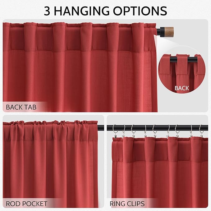 Christmas Red Linen Curtains 108 Inches Long for Living Room Light Filtering Semi Sheer Curtain Back Tab Vintage Neutral Rustic Home Decor Floor to Ceiling High Window for Bedroom 52x108,2 Panels