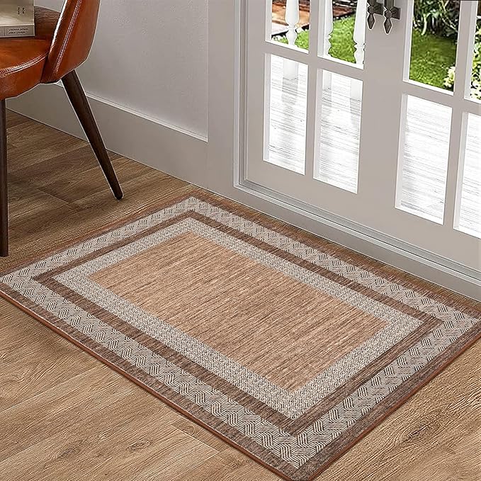 GarveeHome Modern Geometric Area Rug 2x3 Distressed Bordered Washable Non Slip Floor Small Carpet Non Shedding Thin Soft Low Pile Rug, Contemporary Gray Rug for Dining Room, Living Room Dark Brown