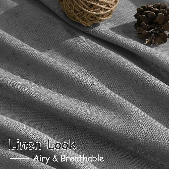 Nanspring Dark Grey Linen Curtains 80 Inches Long for Bedroom Rod Pocket Back Tab Light Filtering Semi Sheer Curtain Farmhouse Decor Linen Textured Drapes for Living Room 2 Panels Set 52x80