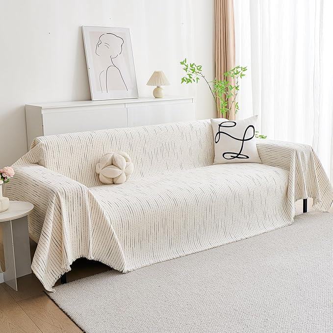 MYSKY HOME Couch Cover for Dogs, Sectional Couch Cover, Beige Lines Sofa Covers for Sectional Sofa L Shape Chenille Couch Protector for Dogs Pets Couch Covers Washable Soft Throw, 71"X134"