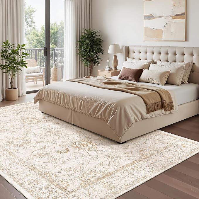 Madane 5x7 Area Rugs for Living Room, Washable Vintage Natural Rug with Non-Slip Backing, Soft Floral Print Throw Rugs Floor Low Pile Carpet for Bedroom Dining Room Farmhouse (5 x 7, Wood/Ivory)
