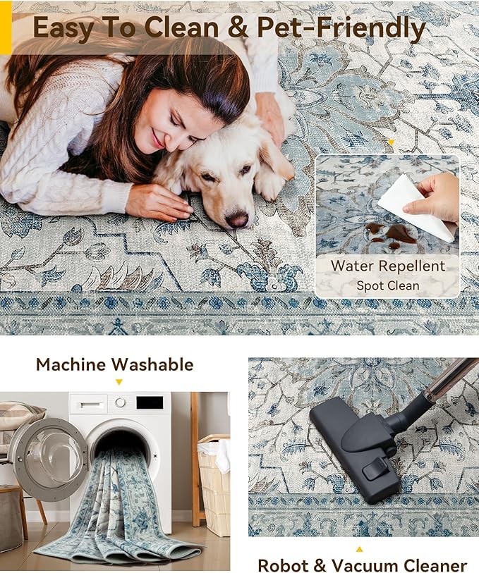 Area Rugs 2'x6' Runner Rug Non Slip Washable for Kitchen Hallway Bedroom Beside Laundry Room Bathroom Rug, Floor Carpet, Light Blue Navy Beige Gray White