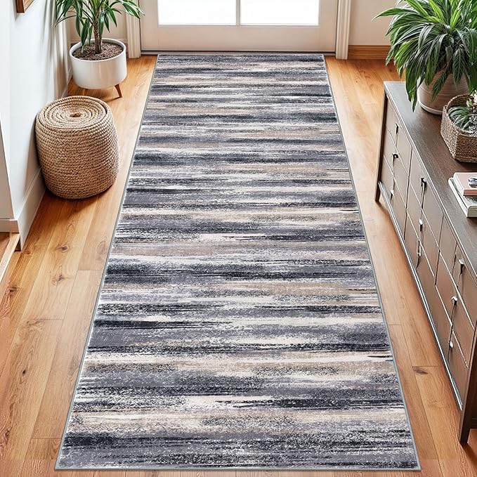 Lansny Modern Abstract Runner Rug 2.6x8, Grey Black Multi Washable Kitchen Runner Non-Slip Soft Hallway Rug Runner Thin Print Faux Wool Carpet for Entryway Bedroom Laundry Room Indoor Home Decor