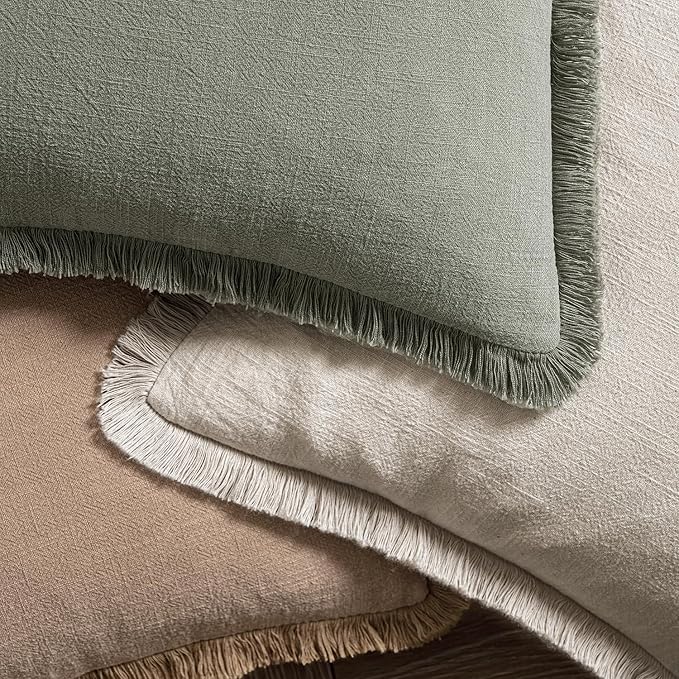 MIULEE Decorative Lumbar Throw Pillow Covers Neutral Linen Fringe Throw Pillows Set of 2 Natural Beige Boho Farmhouse Cushion Covers for Couch Sofa Bed Living Room Spring Home Decor 12x20 Inch