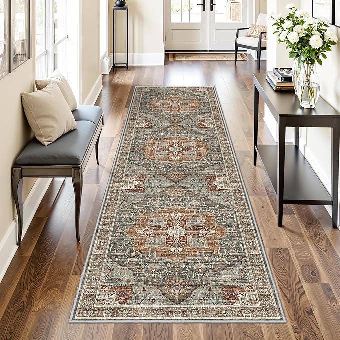 Runner Rug 2x8 Runners for Hallways Non Slip Washable, Vintage Hallway Runner Rugs for Living Room, Low Pile Soft Hallway Rug for Kitchen Bedroom Laundry Room Rug(Grey/Brown/Tan,2'x8')