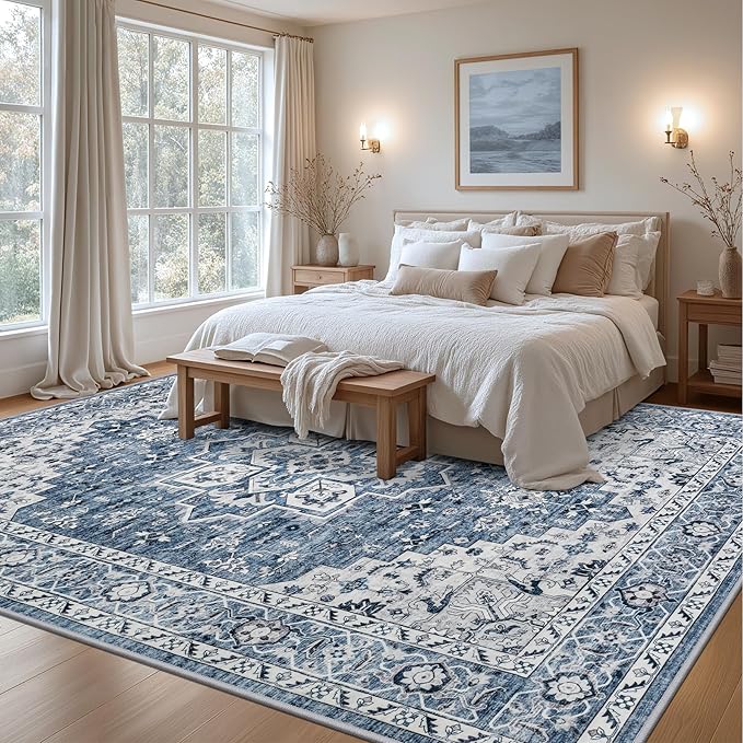 8x10 Area Rugs for Living Room: Washable Rug Soft Vintage Boho Medallion Carpet Indoor Floor Non-Slip Stain Resistant Large Carpets for Bedroom Dining Room Farmhouse Nursery Home Office Blue