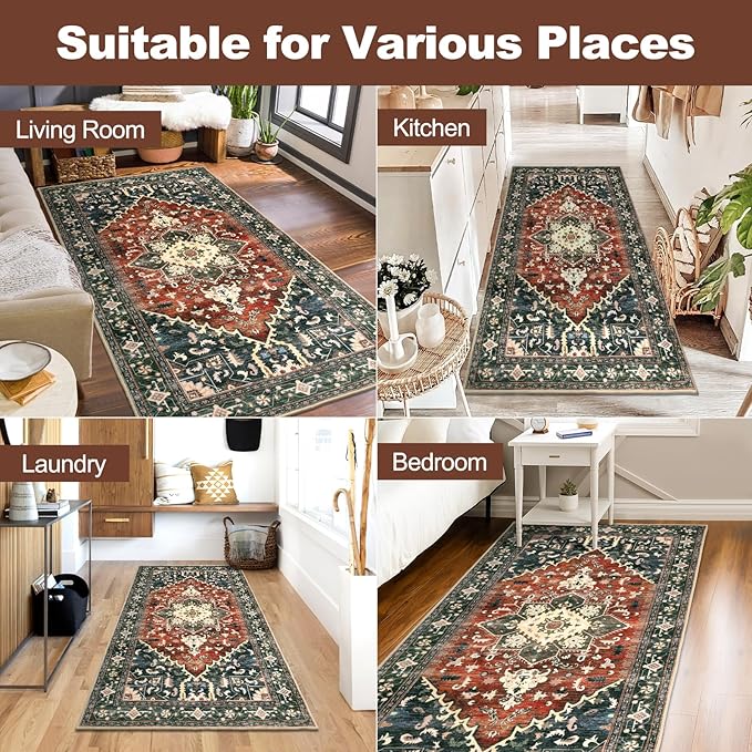 Yamaziot Washable Runner Rug, 3x6 Non-Slip Boho Vintage Hallway Rug with Rubber Backing, Low Pile Faux Wool Distressed Carpet Runner for Bedroom, Kitchen, Laundry, Entrance