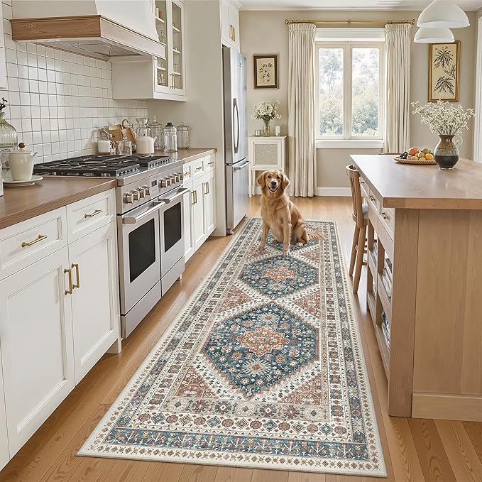 Madane Runner Rug 2'6''x8' Kitchen Runner, Hallway Runner Printed Vintage Washable Rugs Soft Non-Slip Low Pile 2.5x8 ft Runners for Hallways Laundry Room Rug Distressed Rug, Navy Blue