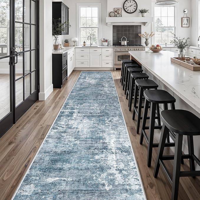 Runner Rug 2'6" x 16' Washable Non-Slip 2.5x16 ft Long Runner Rugs for Kitchen Bathroom Laundry Room Vintage Ultra Thin Runners for Hallway Entryway Blue/Grey