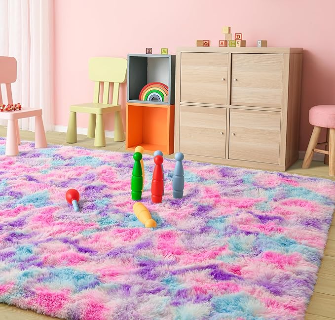 Tepook Soft Rainbow Rug for Girls Room, Cute Fluffy Girls Bedroom Rugs, 4x6 Feet Shaggy Princess Rug Colorful Carpet for Kids Teens Toddler Playroom Nursery Reading Nook, Hot Pink