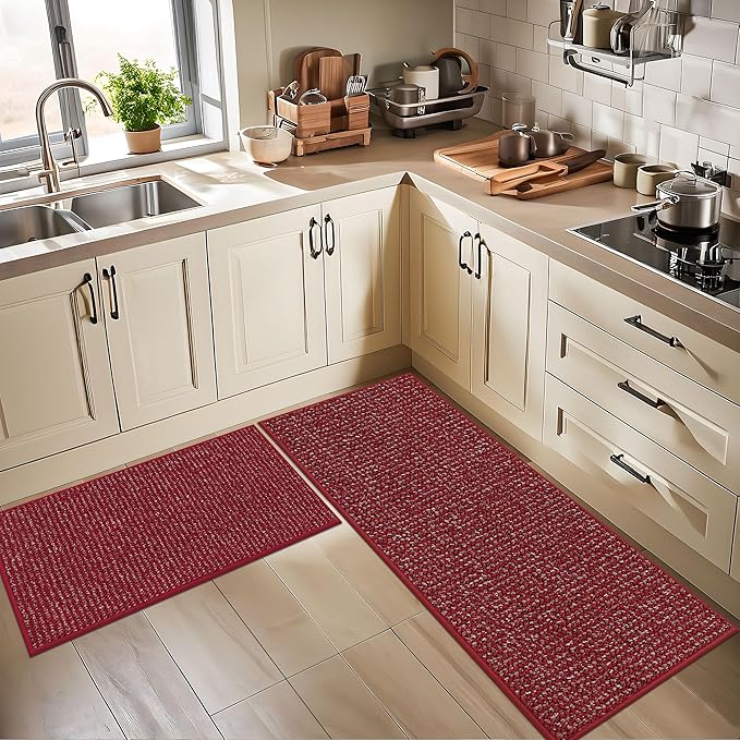 BEQHAUSE Kitchen Rugs and Mats 2PCS, Non-Slip Kitchen Mats for Floor, Absorbent and Stain Resistant Kitchen Runner, Machine Washable Rugs for Kitchen, Laundry & Sink, 20"x32"+20"x48", Red