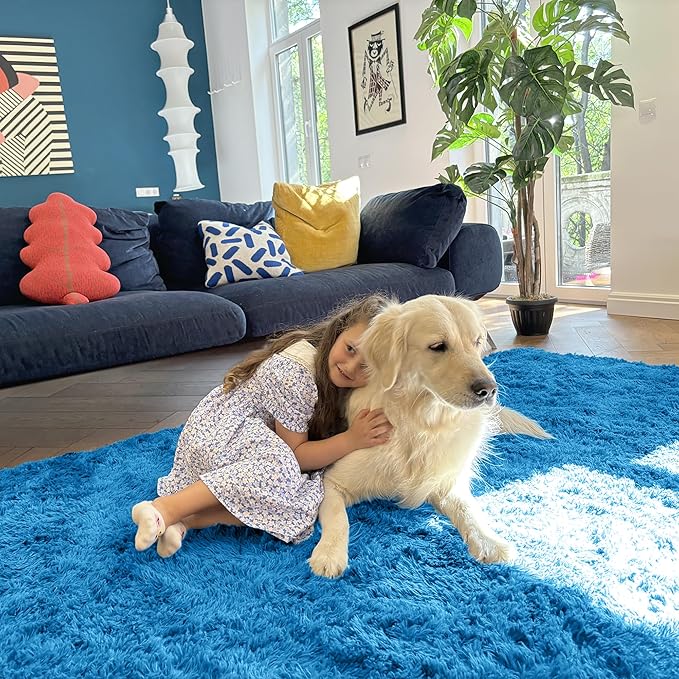 OLANLY 2x3 Machine Washable Small Bedside Rug, Soft Fluffy Shaggy Entryway Throw Rugs for Bedroom, Living Room, Indoor Floor Carpet for Kids Girls and Boys, Home Decor Aesthetic, Bright Blue