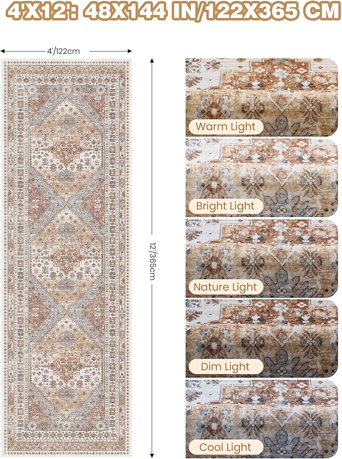 4x12 Runner Rug for Hallway, Low-Pile Wide Runner for Entryway, Long Washable Non-Slip Kitchen Rug, Soft Vintage Home Decor Mat for Living, Laundry Room(Orange,4'x12')