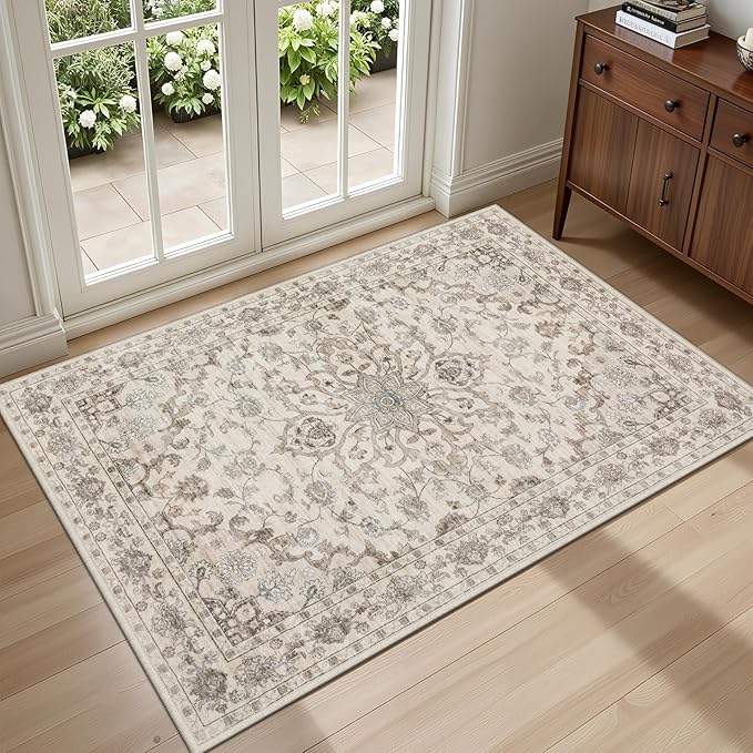 2x3 Area Rugs Living Room Rug: Washable Vintage Distressed Floral Rug No Slip Stain Resistant Soft Carpet Indoor Large Carpets for Bedroom Dining Room Farmhouse Nursery Hallway Home Office Brown Beige